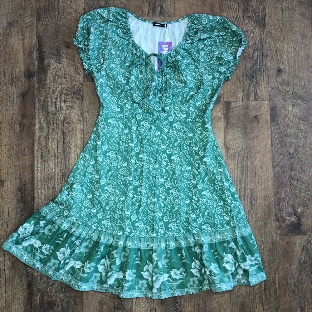 Hekka Women’s Silky Round Neck Tie Elastic Ruffle Sleeves Dress Floral Large